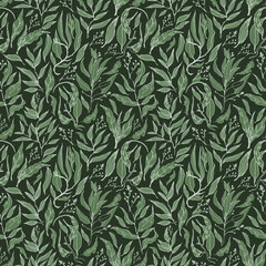 Seamless herbal pattern with stylized leaves. Floral endless green pattern filled with line art twigs. Fresh greenery background, wallpaper, textile print.