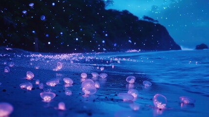 Obraz premium Bioluminescent jellyfish wash ashore at night on a dark beach.