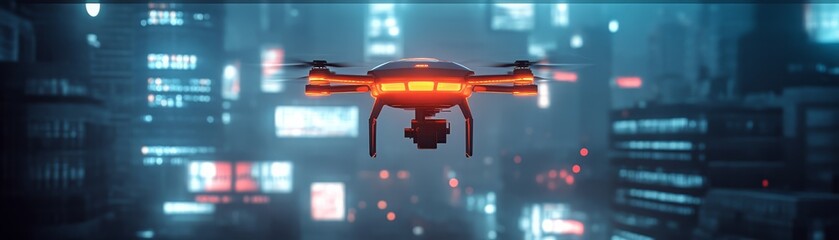 A futuristic drone hovers in a neon-lit cityscape, surrounded by glowing signs and a misty atmosphere, capturing the essence of technology and urban life.