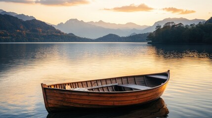 Fototapeta premium Serene sunset view of a wooden rowboat on a calm lake with mountains in the background.