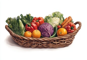Fresh Organic Vegetables and Fruits in a Woven Basket Arrangement, Featuring Colorful Bell Peppers, Crisp Lettuce, and Vibrant Oranges for Healthy Living