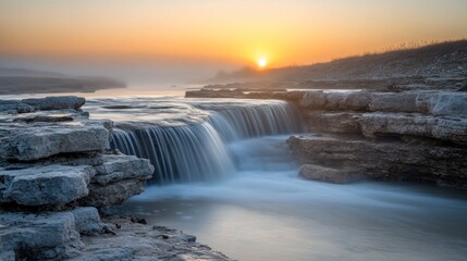 Obraz premium Sunrise over a cascading waterfall, misty river, and rocky landscape.