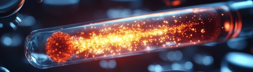 Obraz premium A glowing test tube filled with vibrant particles, showcasing a fusion of science and creativity, set against a blurred laboratory background.