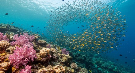 Naklejka premium Vibrant Coral Reef with School of Fish Underwater Scene