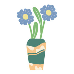 blue flowers leaves leaf in a pot vase flat design