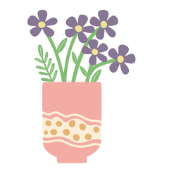 purple flowers leaf leaves in a clay vase pot abstract flat design