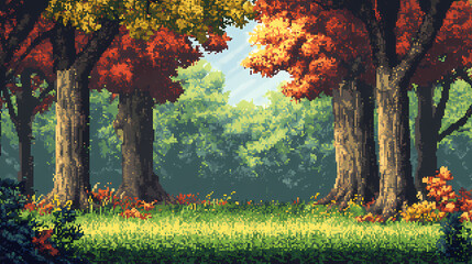 Vibrant pixel art forest level with colorful trees and nostalgic gaming environment. Leafveil. Illustration