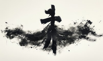 Black ink, abstract kanji, expressive brushstrokes.
