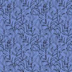 Blue floral watercolor seamless pattern for printing. Intertwining leaves and branches hand drawn. Nature botanical background design for fabric, textile, print, cover, banner and invitation.