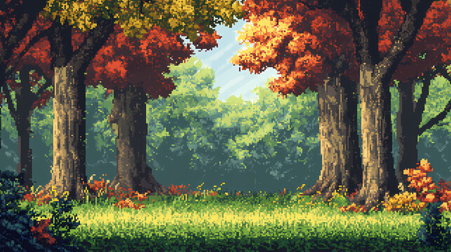 Vibrant pixel art forest level with colorful trees and nostalgic gaming environment. Leafveil. Illustration