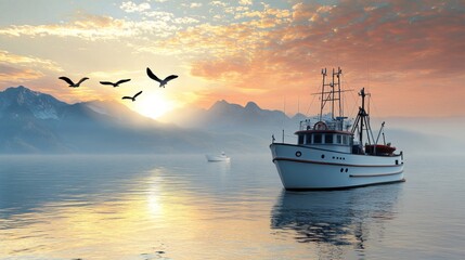 Naklejka premium Fishing boat at sunrise, mountains, birds, calm sea.