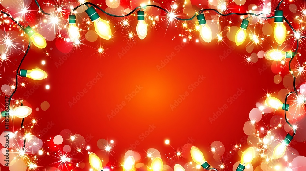 Poster festive string lights glimmering on red background