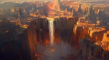 Dramatic desert canyon landscape with waterfall at sunset.