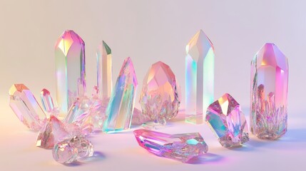 Iridescent crystals on a white background.