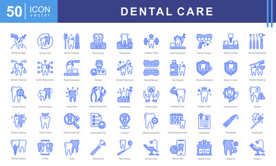 Dental Care icon set with health, teeth, maintenance, disorders, dentistry, surgery, oral, hygiene, treatment and caries.