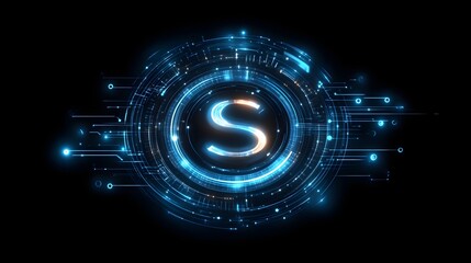 Glowing letter S in futuristic digital HUD.