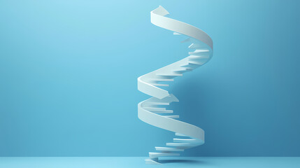 White arrow following the spiral staircase of growth on blue background, 3d arrow climbing up over spiral staircase, 3d stairs with arrow going upward, 3d rendering. Leafveil. Illustration