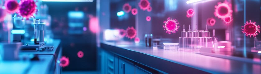 A futuristic lab scene showcasing glowing viruses in vibrant colors, emphasizing advanced biotechnology and scientific research.