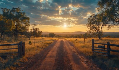Fototapeta premium Scenic sunset rural road, Australian outback, tranquil, open space, travel, photography
