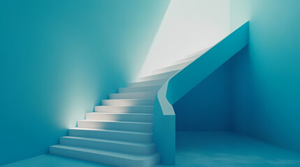Obraz premium White arrow up with blue stair on blue floor background, 3d arrow climbing up over a staircase , 3d stairs with arrow going upward, 3d rendering. Leafveil. Illustration