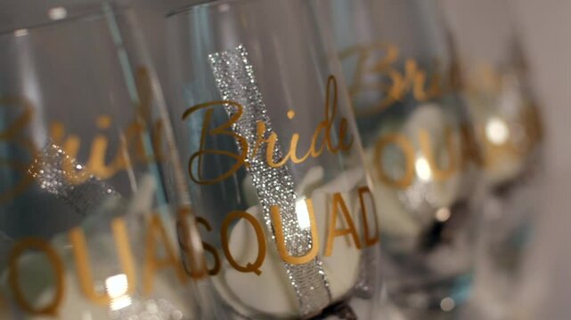 Detailed handheld close-up of "Bride Squad" glasses featuring gold lettering and decorative elements, perfect for bridal celebrations.