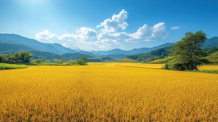 Golden rice paddies, mountains, blue sky.