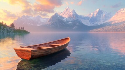 Obraz premium Serene sunrise over mountain lake with rowboat.