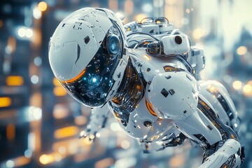 Fototapeta premium Futuristic robot in a high-tech environment, a close-up shot with a blurred background of digital and mechanical elements. - Generative AI