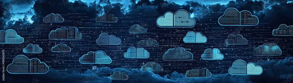 Poster abstract digital clouds in a tech-inspired visual environment.