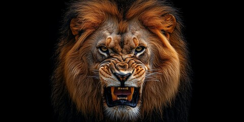 Fototapeta premium Roaring lion portrait, dark background, wildlife