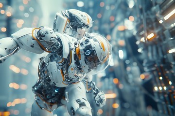 Futuristic robot in a high-tech environment, a close-up shot with a blurred background of digital and mechanical elements. - Generative AI