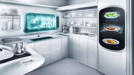 Futuristic minimalist kitchen with integrated appliances and digital display.