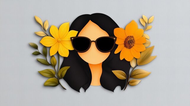 Stylish woman with dark hair, framed by vibrant yellow flowers and wearing sunglasses. A minimalist illustration.