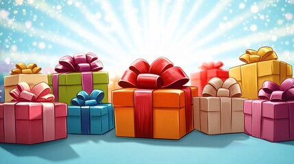 Fototapeta premium Festive arrangement of colorful gift boxes perfect for celebrations, holidays, or promotional events. Ideal for invitations, greeting cards, and marketing materials.