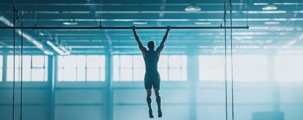 Athlete training on a bar in a gym, showcasing strength and focus.