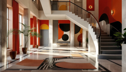 A modern and stylish interior design featuring a large staircase, colorful walls, and a geometric patterned rug.