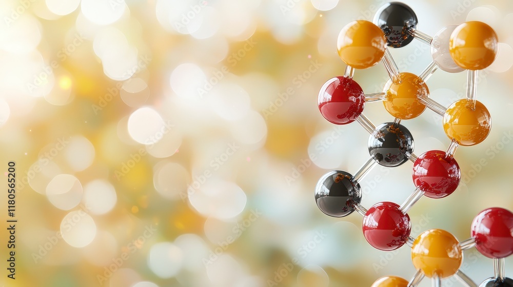 Poster close-up view of colorful molecular structure with bokeh background and bright lighting effects
