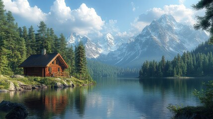 Fototapeta premium Secluded cabin, serene lake, majestic mountains.