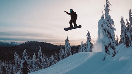 Snowboarder soaring through snowy mountain sunset.