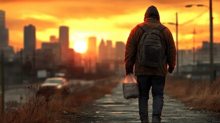 Person Walking Alone at Sunset with a Bag on a Pathway in an Urban Environment