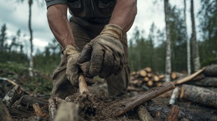 Obraz premium A hardworking individual digs into the soil, surrounded by timber in a dense forest, showcasing determination and the essence of forestry labor.