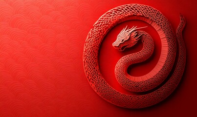 Obraz premium Red dragon coiled, abstract pattern background, decorative, digital art, graphic design, possible use in print or web design