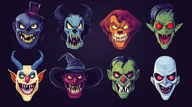 Eight cartoon monster heads; Halloween, spooky, creepy, scary faces.