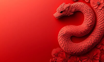 Fototapeta premium Red Dragon, 3D Paper Flowers, Red Background