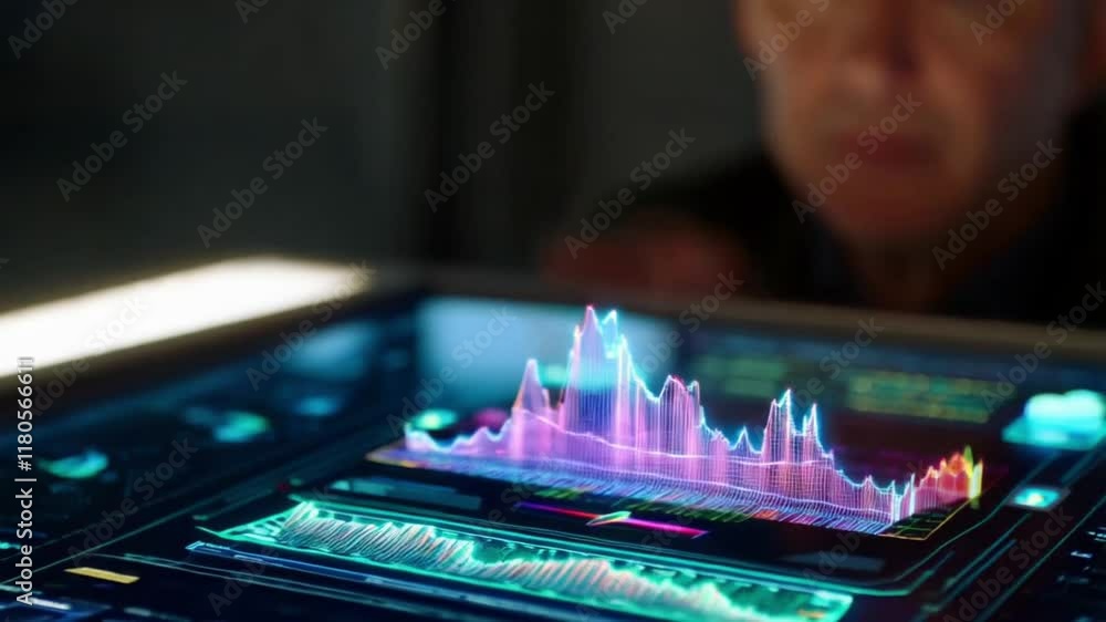 Wall mural futuristic tech: man interacting with holographic data display