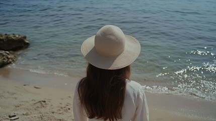 A woman with long hair and a wide-brimmed hat gazes at the sparkling sea, standing alone on a sandy beach, enveloped by the warm embrace of summer.