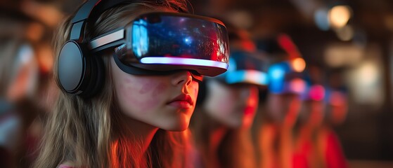 Young woman using VR headset with others.