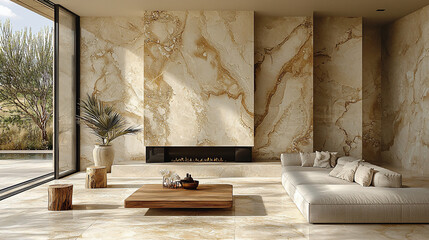 Luxurious living room with onyx wall, fireplace, and modern furniture.