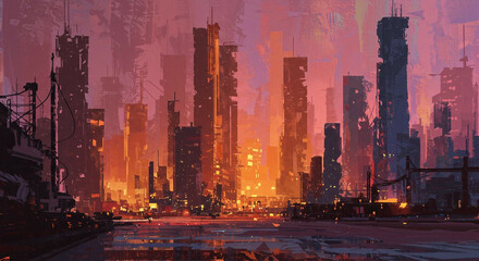 Cityscape with skyscrapers on the ocean shore. Abstract building background. Abstract background with colorful buildings for book covers, posters or cards.