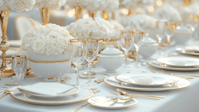 Elegant dining setup featuring gold accents and floral arrangements.